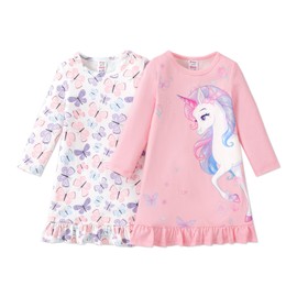 PATPAT 2Pcs Nightgown for Girls Long Sleeve Pajamas Butterfly Unicorn Print Nightdress Sleepwear Pajamas, Pink, 9-10 Years