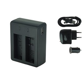 Dual Charger (Mains + Car + USB) for Qumox SJ4000, SJ4000+, SJ5000, SJ5000+, SJ5000X Elite/SJCam M10(+), X1000 / DBPower EX4000, EX5000 ... see list. !