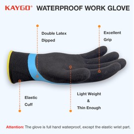 KAYGO Waterproof Work Gloves for Men and Women with Insulated Double Latex Coated, Non-Slip Super Grip for Gardening Car Washing Fish Cleaning (Sky Blue, S, 1 Pair)