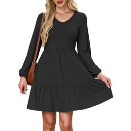 AUSELILY Womens Long Sleeve Dress 2025 Fall Casual V Neck Tiered Swing Flowy A-line Mini Short Dresses with Pockets Black M