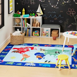 Eric Carle Elementary World Map Kids Machine Washable Area Rug Blue/Red, 6'6"x9'5"