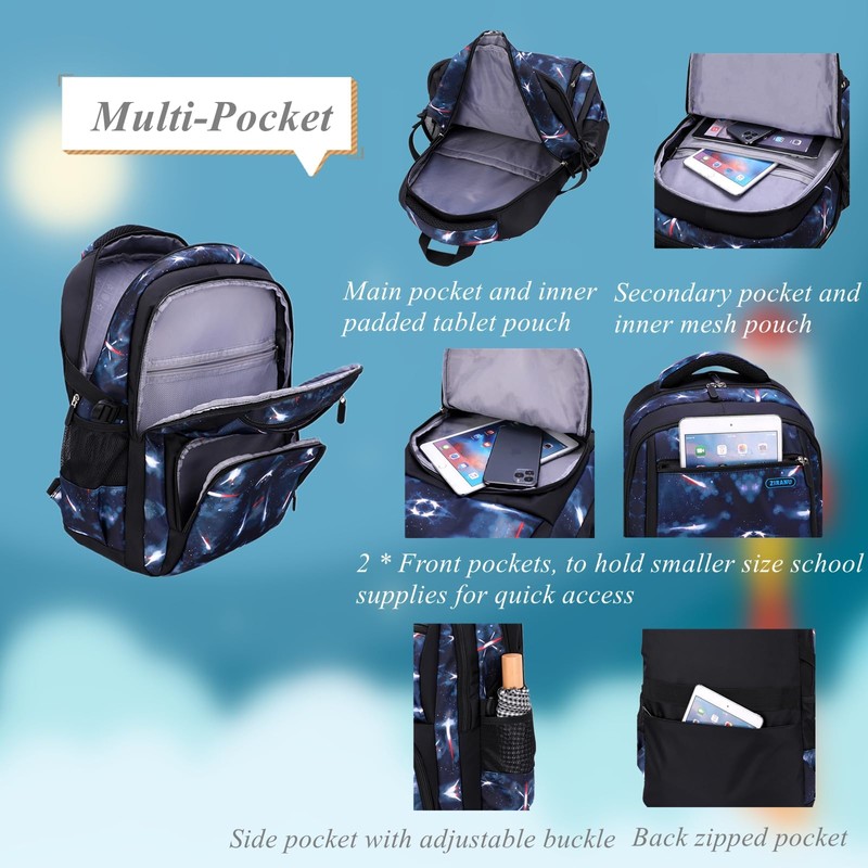 Galaxy School-Bag Backpack and Lunch-Bag Set for Boys Middle-School Elementary