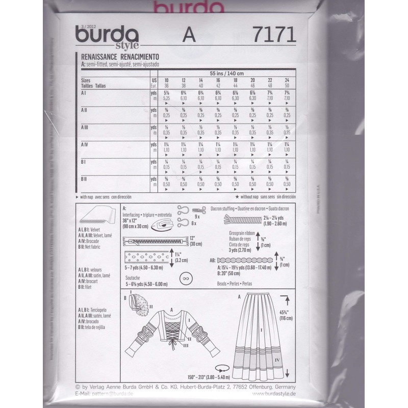 Burda 7171 Historical Dress Renaissance Size 10- 24
