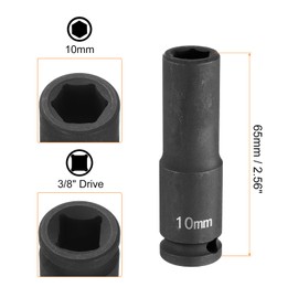 HARFINGTON Deep Impact Socket 3/8" Square Drive by 10mm Metric 6 Point Socket 65mm (2.56") Long CR-MO Steel Industrial Grade Flip Socket for Home Auto Hex Nuts Bolts Repair, Black