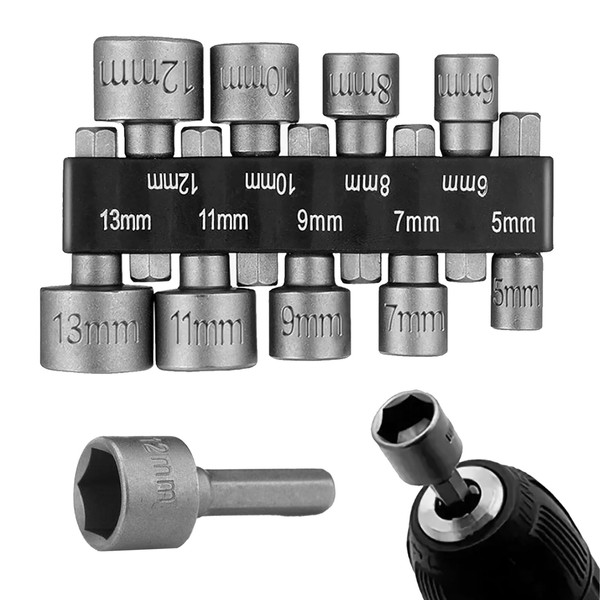9 Pcs Hexagonal Drill Tool, 5-13mm Hex Shank Magnetic Nut