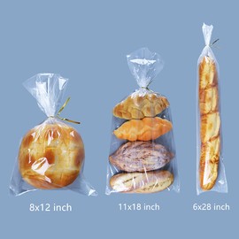 Lesibag 200Pcs 11 x 18 Inch Bottom Gusset Bread Bags with Ties, Clear Plastic Micro Perforated Bags for Homemade Bread and Bakery Loaf Baugette - Thickened, Freezer Safe