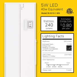 GetInLight 3 Color Levels Dimmable LED Under Cabinet Lighting with ETL Listed, Warm White (2700K), Soft White (3000K), Bright White (4000K), White Finished, 12-inch, IN-0210-1