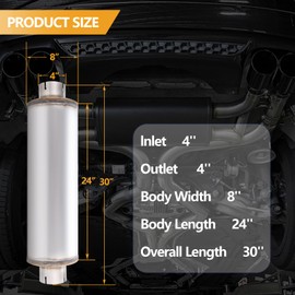 Piclafe 4 Inch Exhaust Muffler, 4" Inlet/Outlet 30" Overall Length Resonator, Stainless Steel Straight Through Design Performance Muffler, 1 PC