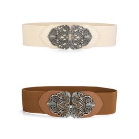 Allegra K Womens Elastic Wide Waist Belts Floral Metal Buckle Stretchy Belts for Dresses Brown & Beige
