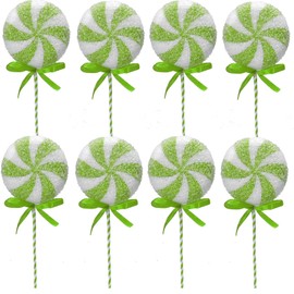 8Pcs Christmas Windmill Lollipop Stems Ornaments Artifical Frosted Lollipop Candy Picks for Christmas Tree Vase Filler Wreath Crafts Party Decor (Light Green)