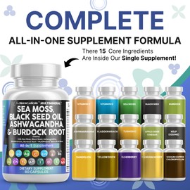 Clean Nutraceuticals Sea Moss Black Seed Oil Ashwagandha Turmeric Bladderwrack Burdock & Vitamin C Vitamin D3 with Elderberry Manuka Dandelion Yellow Dock Iodine Chlorophyll ACV