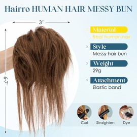 Hairro Messy Bun Hair Piece Human Hair For Women Wrap On Scrunchies Remy Updo Extension Elastic Rubber Band Chignon Hairpieces 29g #04 Medium Brown