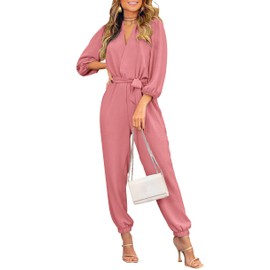 PRETTYGARDEN Jumpsuits For Women Dressy 2024 Fall One Piece Outfits V Neck Long Sleeve Belt Pockets Casual Long Pants Romper (Pink,XX-Large)