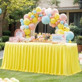 PARTISKY Yellow Polyester Table Skirt for Rectangle Tables 9ft, Wrinkle Resistant Pleated Ruffle Table Cloth for Banquet Wedding Trade Baby Shower Display Gift Dining Table