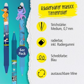 Online magiXX, 6 x Fun Sea World Erasing Pens, Gel Pens, Blue Erasable with 0.7 mm Line Width, Rollerball Pen for Learning to Write, Office, Compatible with Frixion Refill, Erasable Ballpoint Pen