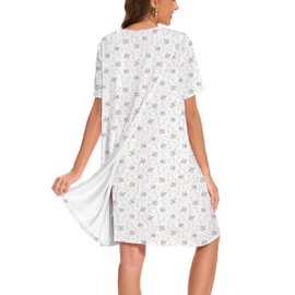 AVIIER Hospital Gowns for Women Open Back Tear Away Snaps 100% Cotton Nightgown Post Shoulder Surgery Dress Adaptive Clothing, White Purple Flower, Small