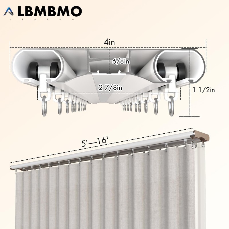 Silent Double Curtain Track Ceiling Mount 5' to 16', Wide