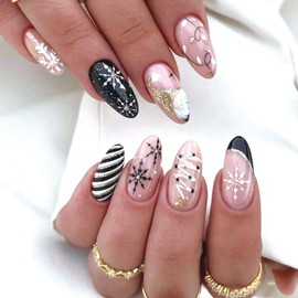 SINHOT Christmas Press on Nails Medium Almond Snowflake Fake Nails Glossy Black and White Stripes Winter Xmas Gold Glitter Design False Nails Stick on False Nails with Design 24 pcs