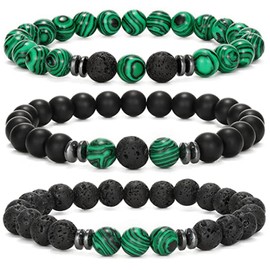 APMGONT 8 mm Pearl Bracelets Set, 3 Pieces Pearl Bracelet Men with Black Lava Stone, Natural Stone Yoga Beads, Elastic Bracelets, Adjustable Men's Bracelets Set, Gifts for Men, Crystal, No Gemstone