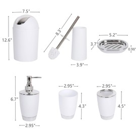 YCOCO 6 Pcs Plastic Bathroom Accessories,Includes Toothbrush Holder,Toothbrush Cup,Soap Dispenser,Soap Dish,Toilet Brush,Trash Can,White