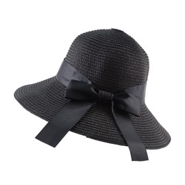 PESAAT Women Summer Straw Hat Bowknot Beach Caps Wide Brim Foldable Sun Hats (Black, Adult)