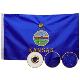 Double Sided Kansas State Flag 3x5 Outdoor The Longest Lasting KS Flags Heavy Duty 210D Nylon, Sewn Stripes, Embroidered, Stronger Brass Grommets,4 Stitched Hemming, Perfect for Outside