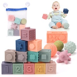 REMOKING 18PCS Baby Soft Building Blocks Toys,Teething & Bath Toys w/Storage Bag for Newborn,Montessori Toy w/Numbers Animals Shapes for Babies Toddlers Boys & Girls 6 9 12 18 Month 1 2 Year Old