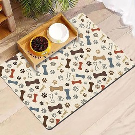 Dog Feeding Mat 24 x 16 Inch, Neutral Paw Bone Woof Dog Placemat Absorbent Quick-Dry for Food and Water, Waterproof Non Slip Rubber Pet Bowl Pad Mat for Floors