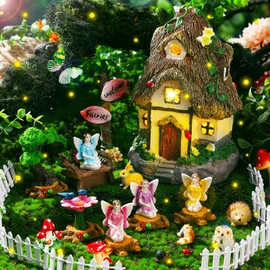 Leyndo 28 Pcs Solar House Garden Accessories Fairy Light up Fairy Figures Garden Kit Resin Miniature Mushroom House Figures Micro Landscape Ornaments(Retro)