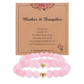 LZKOVISTA 2 PCS Mother Daughter Bracelets,Pink Healing Anxiety Beaded Heart Charm letter Bracelets,first day of school matching Bracelet mommy and me (Y)