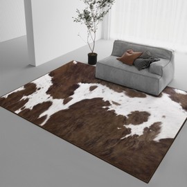 DweIke Washable Area Rugs for Living Room, 5x7 Large Soft Bedroom Rugs, Cowhide Print Non-Slip Animal Rug, Stain Resistant Throw Carpet for Office Nursery Dining Room Western Home Decor, Brown