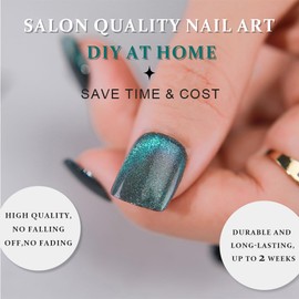 evpct Blue Green Cat Eye Extra Short Press on Nails Square, Petite Short Square Glue on Nails for Women Gift, Dark Teal Green Metallic Glitter Glossy Reusable Gel Press on Acrylic Fake Nail Designs