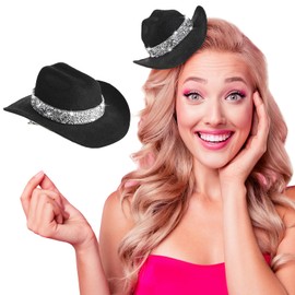 Zeyune 6 Inch Cowboy Hat Hair Clip with Rhinestones Cowgirl Mini Small Hat Clip for Disco Western Party Decoration(Black)