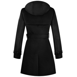 FASRYKOC Women's Windproof Double-Breasted Trench Coat Knee-Length Trench Jacket Water-Repellent Raincoat with Removable Hood & Belt Large Black