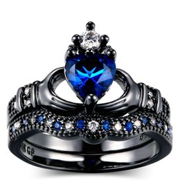 JAJAFOOK Blue Zirconia Heart Cut Bridal Princess Crown Irish Claddagh Black Gold Plated Eternity Band Rings