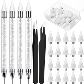 Tatuo 4 Pcs Dual-ended Rhinestone Picker Tool Handle Rhinestones Applicator with 20 Replacement Wax Tips Wax Pencils Painting Dotting Pens with 2 Tweezers for DIY Nail Art Crafts Gems (White, Black)