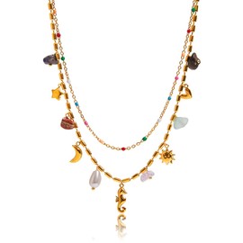 UniLogue Vacation Style 18K Gold Plated Stainless Steel Pearl Heart Seahorse Star Moon Sun Natural Stones Pendants Double Layered Chain Necklace