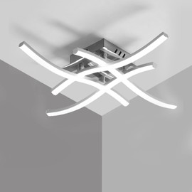 Goeco LED Ceiling Light, Modern Curved Design Chandelier with 4 LED Boards Cold White Light 6500K, 24 W Semi-Flash Lamps for Bedroom Living Room Kitchen, Silver 18 inch * 18 inch