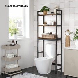 SONGMICS Over The Toilet Storage, 3-Tier Bathroom Organizer Over Toilet with Adjustable Shelves, Multifunctional Bathroom Shelf, Rustic Brown and Black UBTS012B01