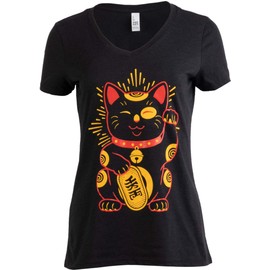 Maneki-Neko Lucky Cat - Cool Japanese Good Luck Charm V-Neck T-Shirt for Women-(Vneck,S) Vintage Black