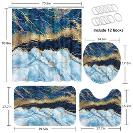 Tayney Navy Blue Marble Shower Curtain Set with Toilet Lid Cover and Non-Slip Rugs, Gold Blue Modern Abstract 4 Pcs Shower Curtain with 12 Hooks, Marbles Bathroom Set with Rugs and Accessories