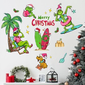 Mfault Merry Christmas Beach Wall Decals Stickers, Xmas Coastal Cartoon Max Dog Palm Tree Surfboard Decorations Bedroom Art, New Year 2025 Home Kitchen Living Room Decor Winter Holiday Gifts