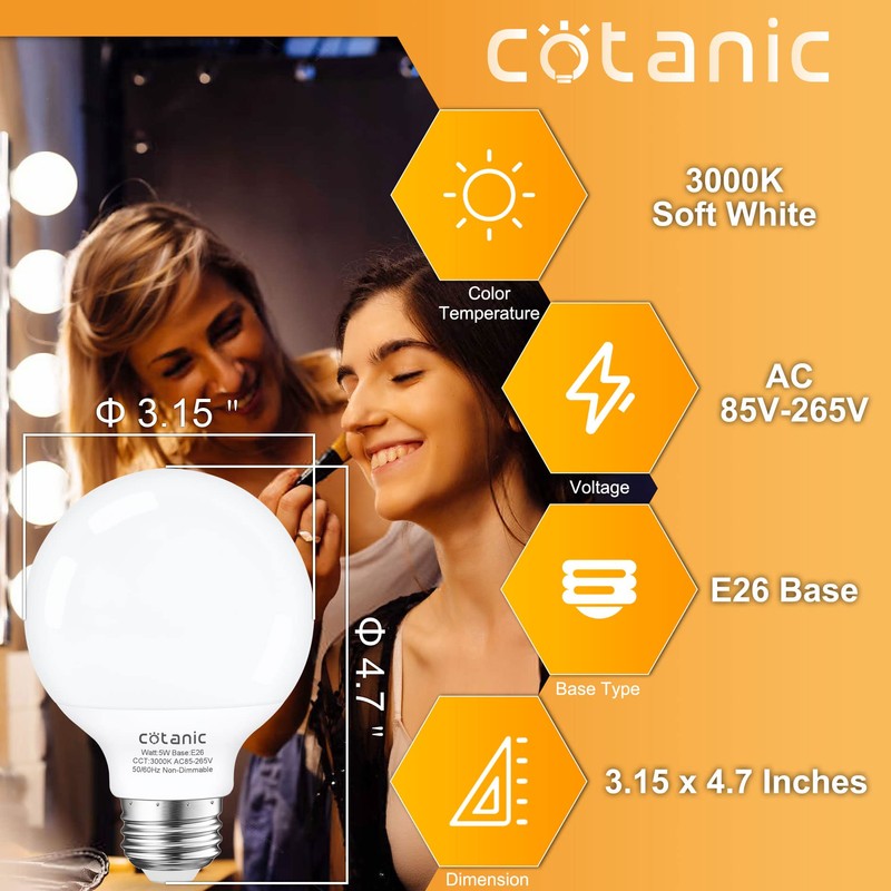 Cotanic Bathroom Round Light Bulb, E26 Standard Base, 5W, 60