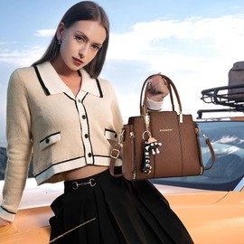 NICOLE & DORIS Ladies Handbags Elegant Tote Bags Medium Size Top Handle Bag PU Leather Work Bag Crossbody Bag Shoulder Bag with Pendant Coffee