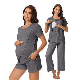 Ekouaer 3 PCS Maternity Nursing Pajamas Set Postpartum Breastfeeding Short Sleeve Shirts, Pregnancy Shorts & Pants Pjs Grey XXL