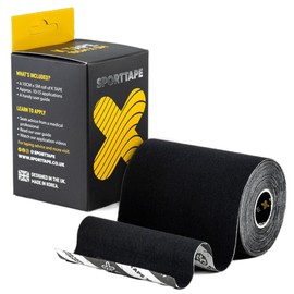 SPORTTAPE Extra Wide Kinesiology Tape 10cm x 5m - Black | Extra Sticky, Waterproof, Hypoallergenic | Wide KT Sports Tape, Physio Tape for Muscle Injury & Lower Back | Uncut - Single Roll