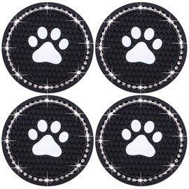 MEAJOO 4PCS Bling Car Cup Holder Coaster, Universal Dog/Cat Paw Auto Non-Slip Crystal Rhinestone Cup Holder Coaster, 2.75In Universal Non-Slip Recessed Car Interior Accessories (Black & White)