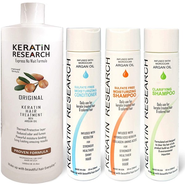 Brazilian Keratin Blowout Straightening Smoothing Hair Treatment 4 Bottles 1000ml Kit Includes Sulfate Free Shampoo Conditioner set by Keratin Research Queratina Keratina Brasilera Tratamiento