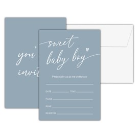 Chuxvon Baby Shower Invitations With Envelopes, Sweet Baby Boy Gender Neutral Invitation, Double-Sided Blue Fill In Invites, Gender Reveal Party Decorations, 25 Cards With 25 Envelopes(A06)