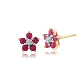 Gemondo 9ct Yellow Gold Round Five Ruby & Diamond Floral Cluster Stud Earrings